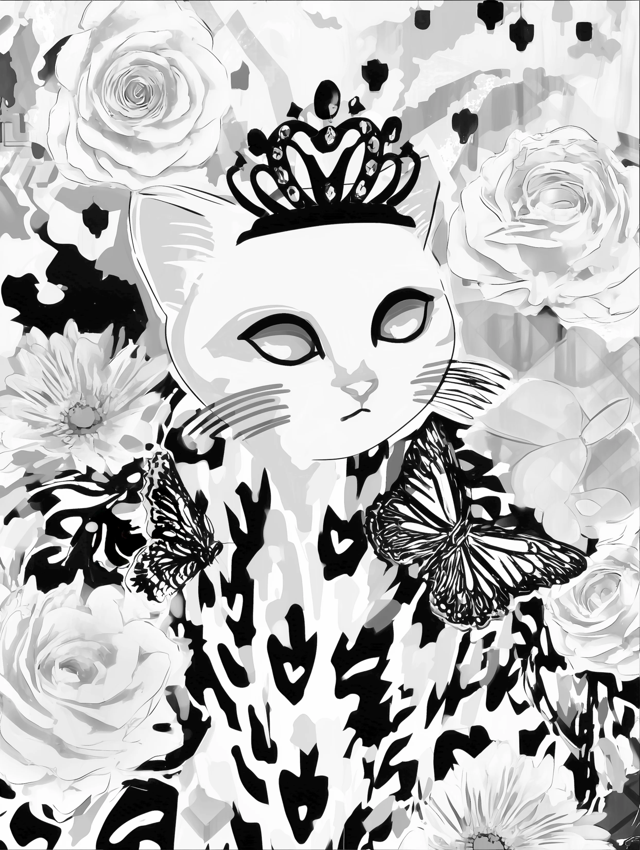 Free printable kitten coloring page featuring royal crown on a cat